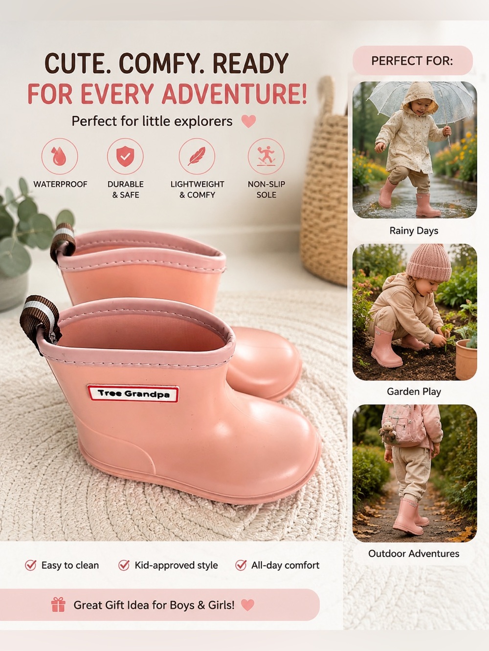 Kids Pink Chelsea-Style Waterproof Boots with Easy Pull Tabs